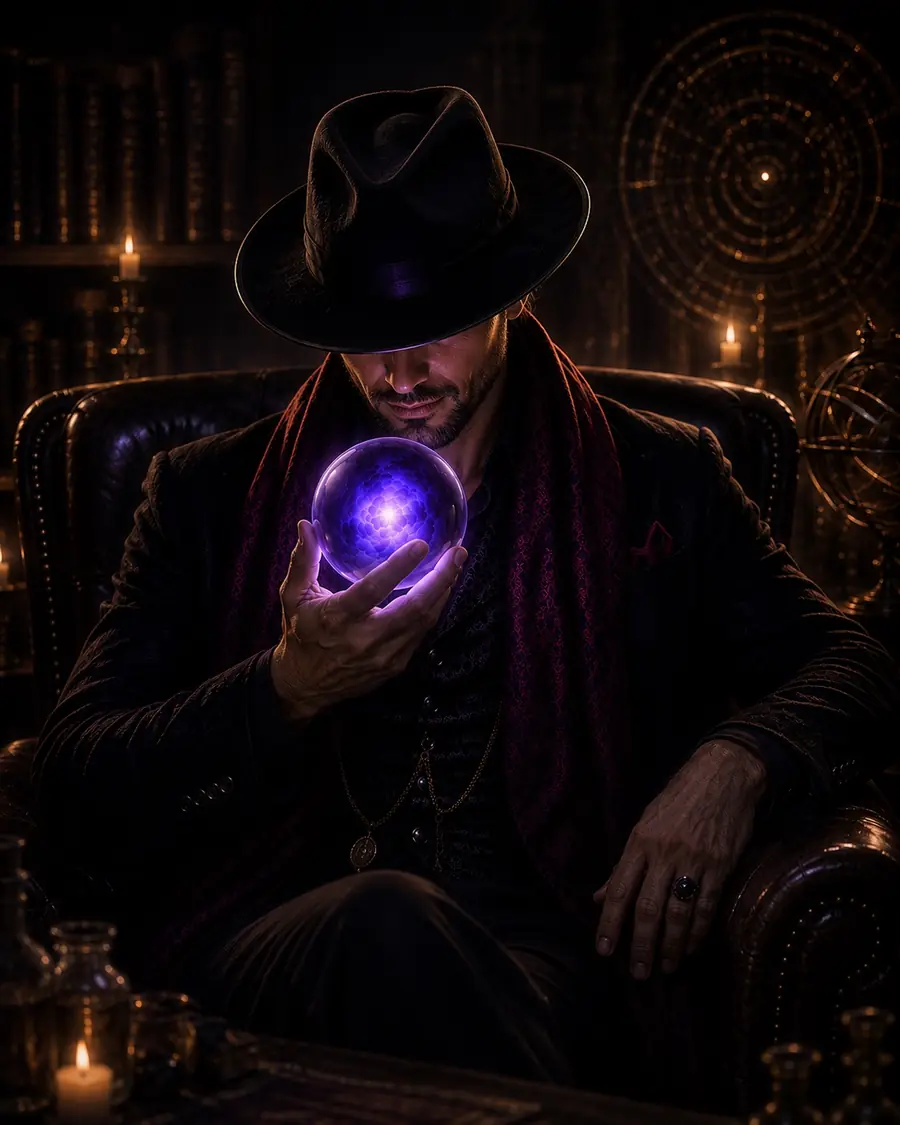 Merlin, mentor AI di Modwiz App, memegang bola kristal